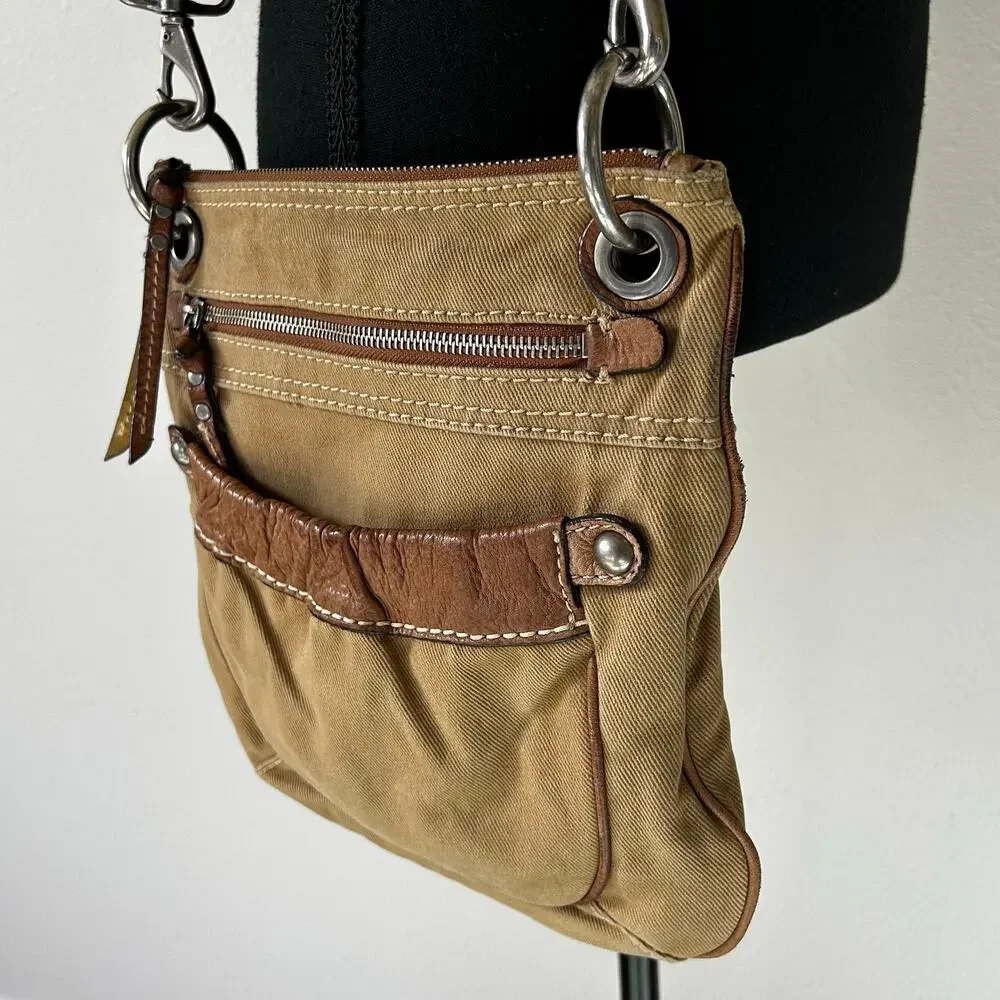 Vintage Fossil Canvas Leather Crossbody Bag Tan Utility Y2K Boho Messenger Purse